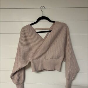 Beige V-Neck Ribbed Sweater
